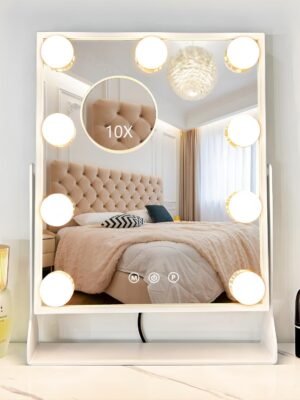 Vanity Mirror with Lights, Hollywood Lighted Makeup Mirror with 9 Dimmable LED Bulbs, 3 Color Lighting Modes, Detachable 10X Magnification, 360°Rotation,White