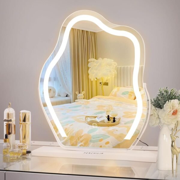 Vanity Mirror with Lights 17.7" X 21.6" Irregular Cute Cloud Lighted Makeup Mirror with Dimmable 3 Light Modes Esthetics Hollywood Mirror for Tabletop Wall-Mounted Bedroom Beauty Salon