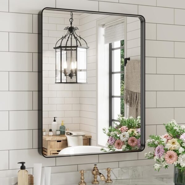 22x30 Inch Bronze Bathroom Mirror for Vanity, Brushed Bronze Metal Frame Mirror for Wall, Rounded Rectangle Bronze Frame Mirror with Tempered Glass, Anti-Rust (Horizontal/Vertical)