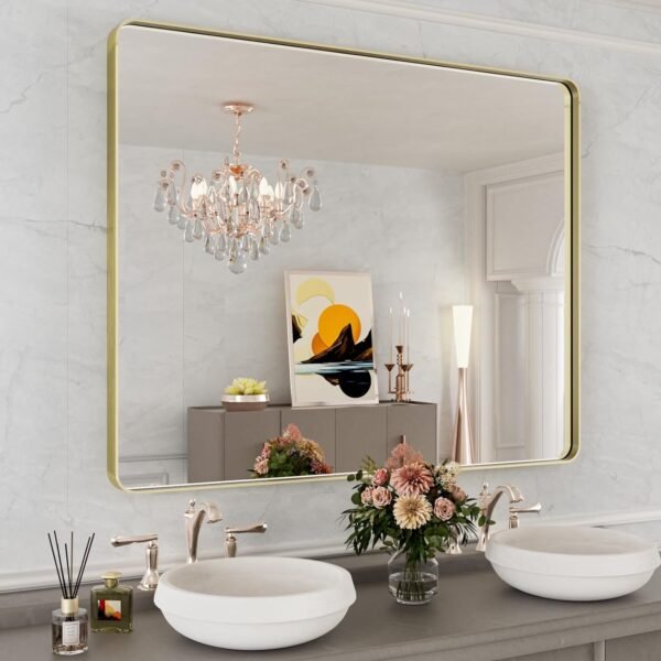 22x30 Inch Bronze Bathroom Mirror for Vanity, Brushed Bronze Metal Frame Mirror for Wall, Rounded Rectangle Bronze Frame Mirror with Tempered Glass, Anti-Rust (Horizontal/Vertical)