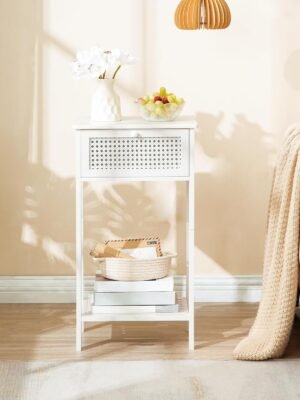 End Table, Bamboo Side Table with Drawer, Rattan Nightstand for Small Space, Tall Bedside Table, Phone Table Easy to Assemble, for Bedroom, Living Room, Study Room, White WT109BZ01