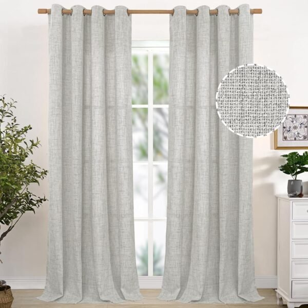 Natural Linen Curtains 63 Inch Length 2 Panels Bronze Grommet Linen Textured Short Window Drapes Light Filtering for Living Room Bedroom, 52 X 63 Inch