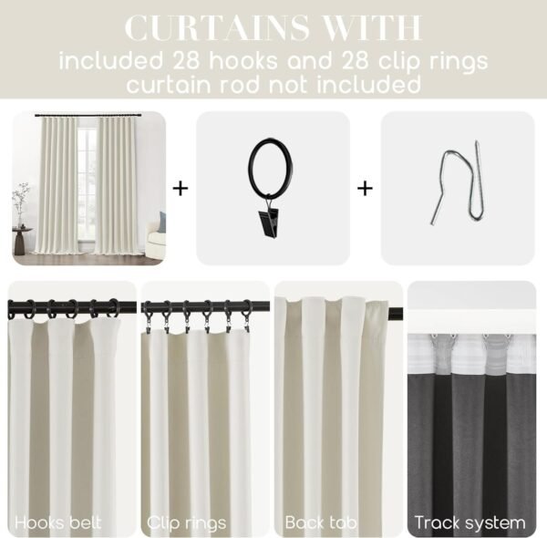 Blackout Curtains 96 Inches Long 2 Panel Set for Living Room,Black Out Room Darkening Thermal Pleated Back Tab Hooks Rings Pleat 8 FT Track Ceiling to Floor Length Curtains for Bedroom Window,Cream