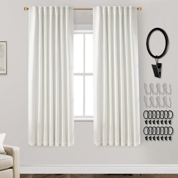 108 Inch Long Blackout Curtains & Drapes for Track System Pleated with Hooks Rings 2 Panels Set,Linen Black Out Back Tab 9FT Ceiling to Floor Length Curtains for Living Room,Cream Ivory
