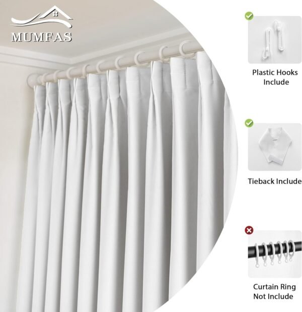 Pure White Pinch Pleat Curtain 52" W x 63" L Solid Thermal Insulated 50% Blackout Patio Door Curtain Panel Drape for Traverse Rod and Track with Tieback, (One Panel)