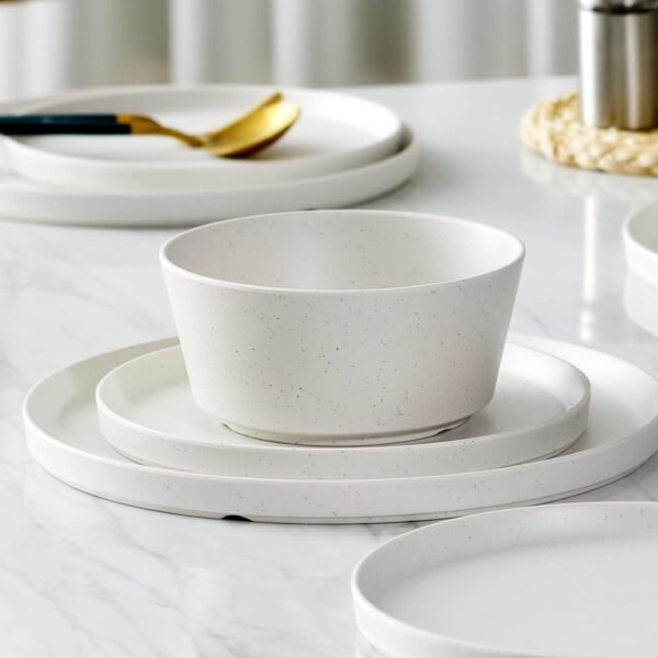 12Pcs Melamine Dinnerware Set, White Dinnerware Set Indoor and Outdoor Use Plates and Bowls Sets For 4 Dishes Camping Dishwasher Safe BPA Free(Sage White)