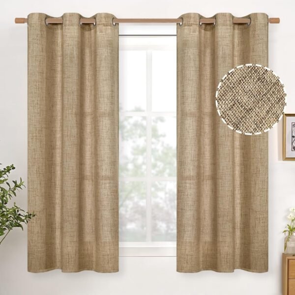 Natural Linen Curtains 63 Inch Length 2 Panels Bronze Grommet Linen Textured Short Window Drapes Light Filtering for Living Room Bedroom, 52 X 63 Inch