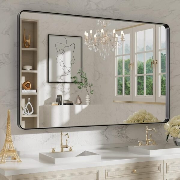 22x30 Inch Bronze Bathroom Mirror for Vanity, Brushed Bronze Metal Frame Mirror for Wall, Rounded Rectangle Bronze Frame Mirror with Tempered Glass, Anti-Rust (Horizontal/Vertical)