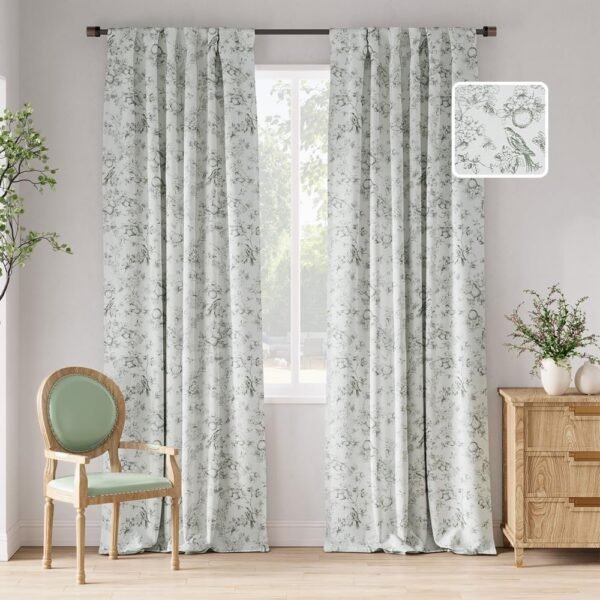 100% Blackout Floral Curtains 96 Inches Long, Printed Flower Sage Green Blackout Curtains for Bedroom Rod Pocket Back Tab Full Blackout Curtains Thermal Insulated Window Drapes, 2 Panels