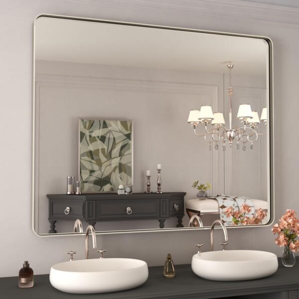 22x30 Inch Bronze Bathroom Mirror for Vanity, Brushed Bronze Metal Frame Mirror for Wall, Rounded Rectangle Bronze Frame Mirror with Tempered Glass, Anti-Rust (Horizontal/Vertical)