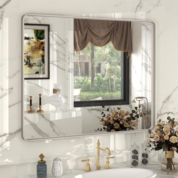 20x30 Silver Bathroom Mirror, Silver Wall Mirror for Vanity, Brushed Metal Framed Rectangle Mirror, Anti-Rust, Brushed Nickel,Shatterproof, Round Corners(Horizontally/Vertically)
