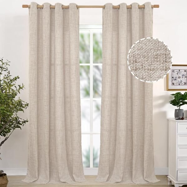 Natural Linen Curtains 63 Inch Length 2 Panels Bronze Grommet Linen Textured Short Window Drapes Light Filtering for Living Room Bedroom, 52 X 63 Inch