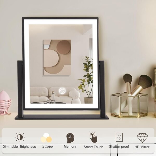 Vanity Mirror with Lights,16"×14" Makeup Mirror with Light Smart Touch Control Dimmable 3 Modes Lighted LED Mirror 360°Rotation Black