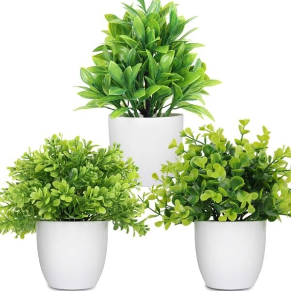 rtificial Potted Plants Mini Fake Plants in Pots, 4 Pack Medium Eucalyptus Potted Faux Decorative Grass Plant with White Plastic Pot for Home Decor, Indoor, Office, Desk, Table Decoration