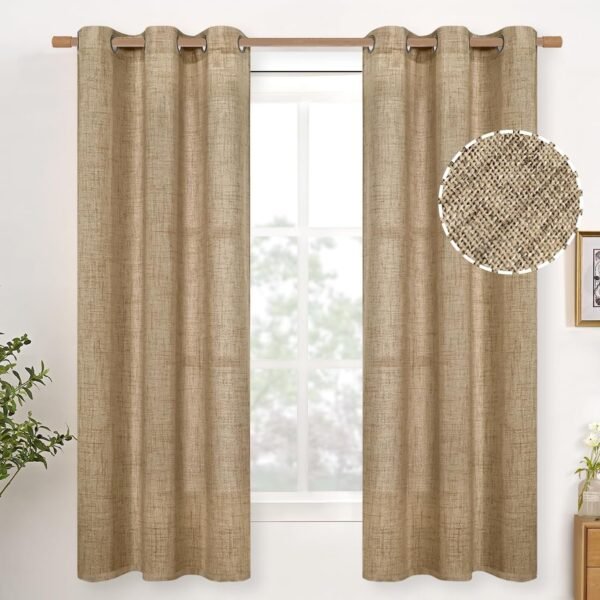 Natural Linen Curtains 63 Inch Length 2 Panels Bronze Grommet Linen Textured Short Window Drapes Light Filtering for Living Room Bedroom, 52 X 63 Inch