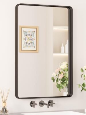 Black Metal Framed Bathroom Mirrors for Wall, 20 x 30 Inch Rounded Rectangle Bathroom Vanity Mirror, Matte Black Farmhouse Mirror with Seamless Frame, HD Tempered Glass(Horizontal/Vertical)