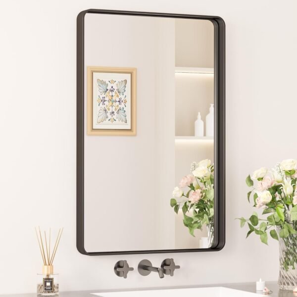 71yic4zRLSL._AC_SL1500.jpg Black Metal Framed Bathroom Mirrors for Wall, 20 x 30 Inch Rounded Rectangle Bathroom Vanity Mirror, Matte Black Farmhouse Mirror with Seamless Frame, HD Tempered Glass(Horizontal/Vertical)