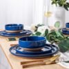 Stoneware Dinnerware Sets for 4, 12 Pieces Handpainted Plates and Bowls Set with Wavy Rim, Chip and Scratch Resistant Dishes set, Dishwasher & Microwave Safe, Royal Blue
