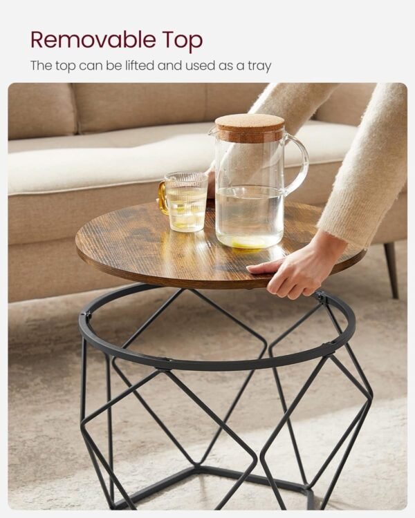 Small Coffee Table Set of 2, Round Coffee Table with Steel Frame, Side End Table for Living Room, Bedroom, Office, Rustic Brown and Black