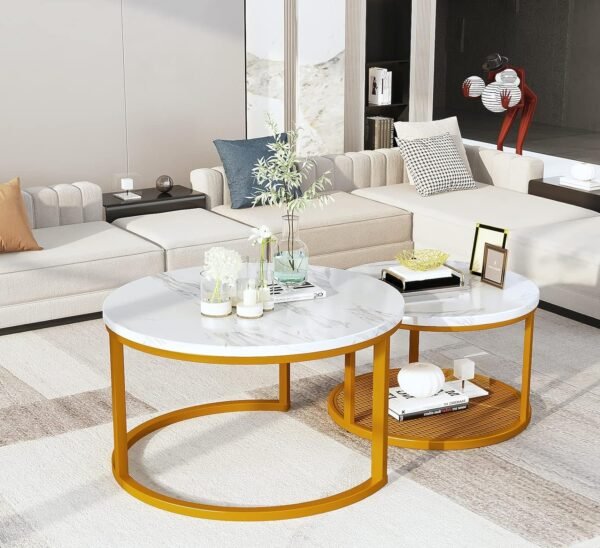 Marble Coffee Table, Faux Marble Top Rectangular Coffee Table with Gold Metal Frame, 2 Tier Living Room Table for Living Room, Office, Balcony, 40 Inch, White and Gold