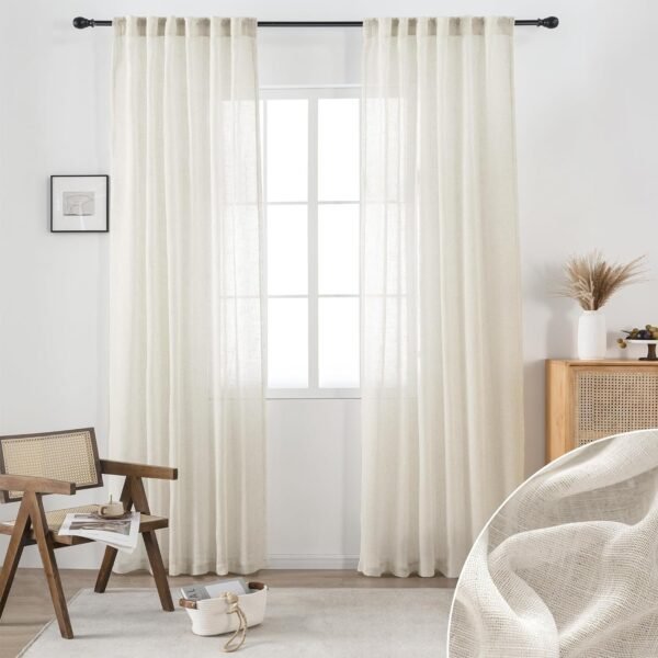 White Linen Sheer Curtains 96 Inch Length for Extra Wide Windows 84 Inch Width 2 Panel Back Tab Pocket Light Filter Semi Sheer Long Skinny Curtains for Living Room Rustic Farmhouse 8 FT Wide 84 x 96