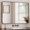 814JHsyPPeL._AC_SL1500.jpg Black Metal Framed Bathroom Mirrors for Wall, 20 x 30 Inch Rounded Rectangle Bathroom Vanity Mirror, Matte Black Farmhouse Mirror with Seamless Frame, HD Tempered Glass(Horizontal/Vertical)