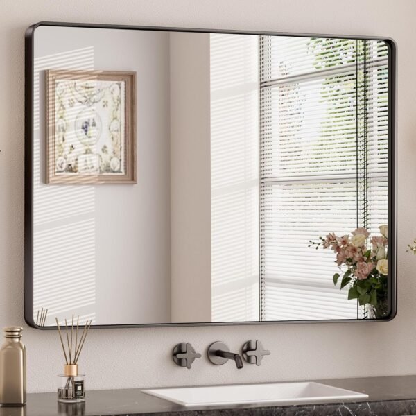 814JHsyPPeL._AC_SL1500.jpg Black Metal Framed Bathroom Mirrors for Wall, 20 x 30 Inch Rounded Rectangle Bathroom Vanity Mirror, Matte Black Farmhouse Mirror with Seamless Frame, HD Tempered Glass(Horizontal/Vertical)