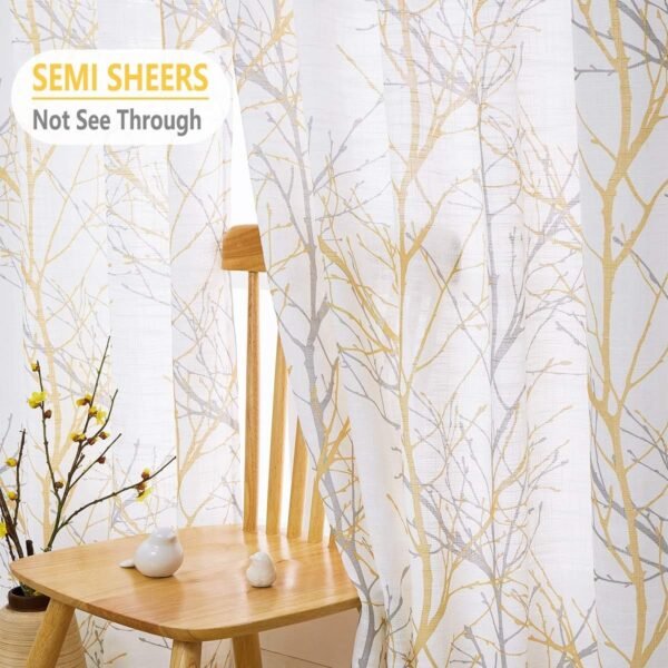 Tree Print Yellow Grey and White Curtains for Living Room Windows - Linen Textured Grommet Branches Pattern Window Treatment Set for Bedroom - 50" W x 96" L - (2 Panels)