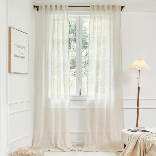 White Linen Sheer Curtains 96 Inch Length for Extra Wide Windows 84 Inch Width 2 Panel Back Tab Pocket Light Filter Semi Sheer Long Skinny Curtains for Living Room Rustic Farmhouse 8 FT Wide 84 x 96