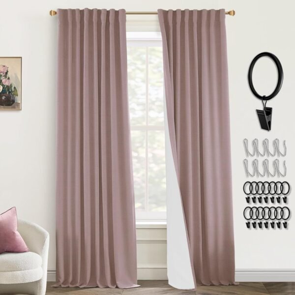 108 Inch Long Blackout Curtains & Drapes for Track System Pleated with Hooks Rings 2 Panels Set,Linen Black Out Back Tab 9FT Ceiling to Floor Length Curtains for Living Room,Cream Ivory