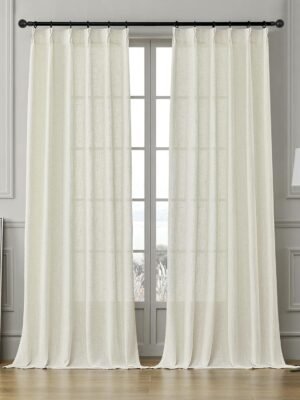 Pleated Linen Curtains 96 Inches Long for Living Room 2 Panel Set, Semi Sheer Pinch Pleat Back Tab Drapes with Hooks Neutral Boho Light Filtering Curtain for Bedroom Window 8 Ft W38xL96