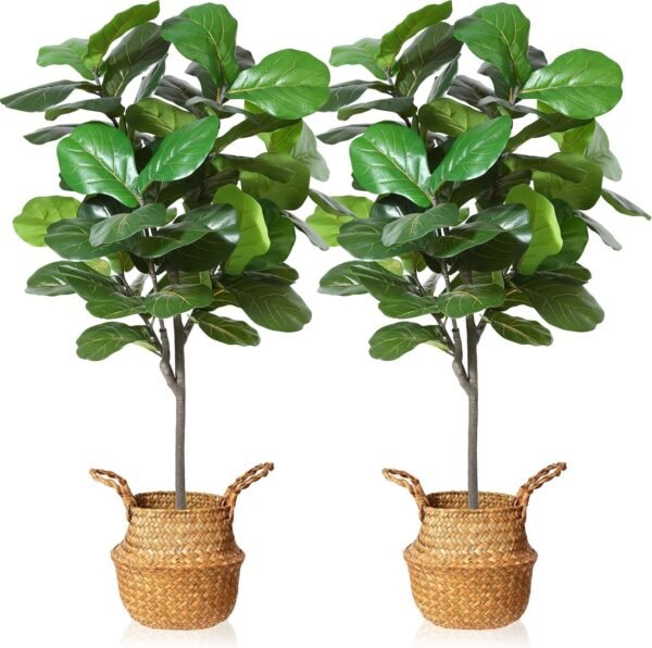 Artificial Fiddle Leaf Fig Tree 37" Fake Potted Ficus Lyrata Plant with Handmade Seagrass Basket, Perfect Faux Plants Home Décor for Indoor Outdoor Office Porch Balcony Bedroom Bathroom Gift