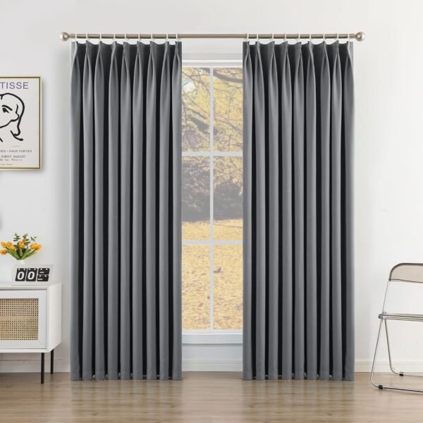 Pure White Pinch Pleat Curtain 52" W x 63" L Solid Thermal Insulated 50% Blackout Patio Door Curtain Panel Drape for Traverse Rod and Track with Tieback, (One Panel)