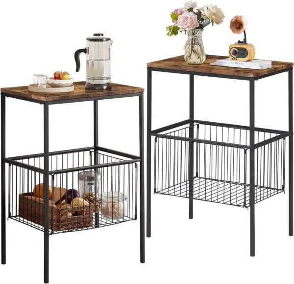 Tall Side End Table,Nightstands Shelf Storage Organizer with Versatile Metal Basket for Telephone Entryway/Living Room/Bedroom/Kitchen,31" H, 1 Set, Rustic Brown