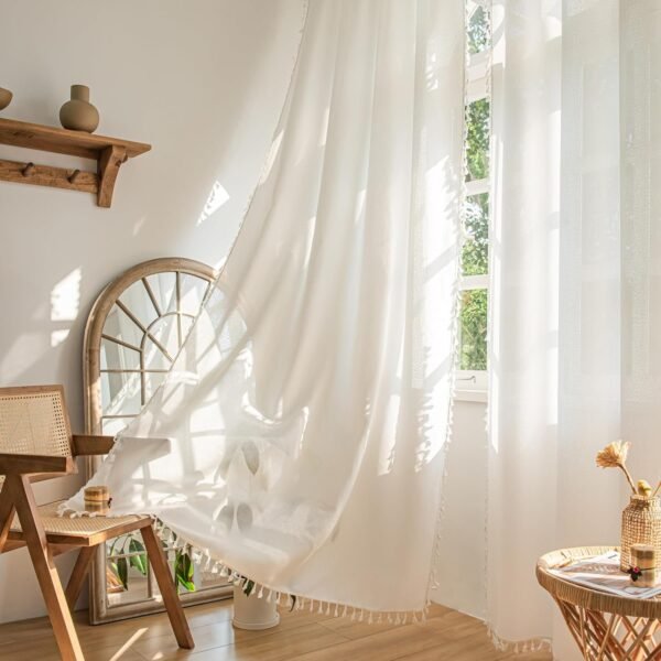 Curtains 63 Inches Long, Bohemian Linen Style Textured Curtains with Tassels for Bedroom, Semi Blackout Farmhouse Drapes, Rod Pocket Window Treatments 2 Panels, 52" x 63", Olive Green