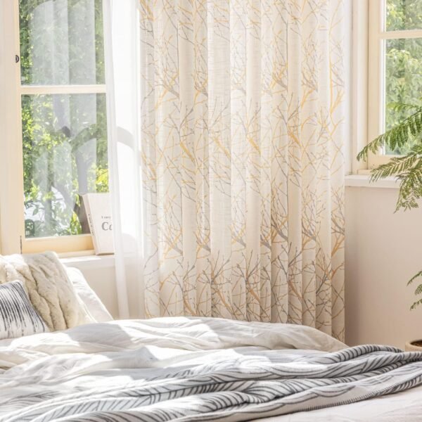 Tree Print Yellow Grey and White Curtains for Living Room Windows - Linen Textured Grommet Branches Pattern Window Treatment Set for Bedroom - 50" W x 96" L - (2 Panels)