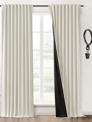 Blackout Curtains 96 Inches Long 2 Panel Set for Living Room,Black Out Room Darkening Thermal Pleated Back Tab Hooks Rings Pleat 8 FT Track Ceiling to Floor Length Curtains for Bedroom Window,Cream