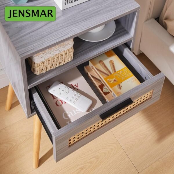 Bedside Table with LED Light, Nightstand with Drawer 24" Tall Night Stand with Storage Wicker Boho End Table Night Stand with Rattan Drawer Sofa Table with Open Wide and Deep Shelf Solid Wood Feet