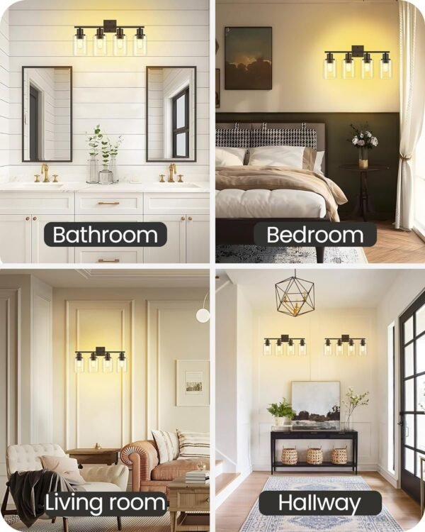 4-Light Black Bathroom Light Fixture, Vanity Light Over Mirror with Clear Glass Shade, Modern Sconce Wall Lighting with Metal Base, for Mirror Bedroom Powder Room Hallway, Black B04BD05