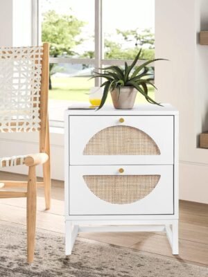 Rattan Nightstand, End Side Table with 2 Rattan Drawers, Wood Square Bedside Table with Storage, Accent Sofa Table for Home Office Living Room Bedroom, White