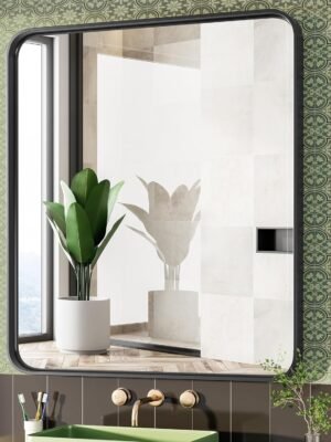 Black Vanity Bathroom Mirror for Wall, Metal Framed Rounded Rectangular Modern Mirrors for Over Sink, 24x36 Inch for Farmhouse, Tempered Glass, Hangs Horizontally or Vertically