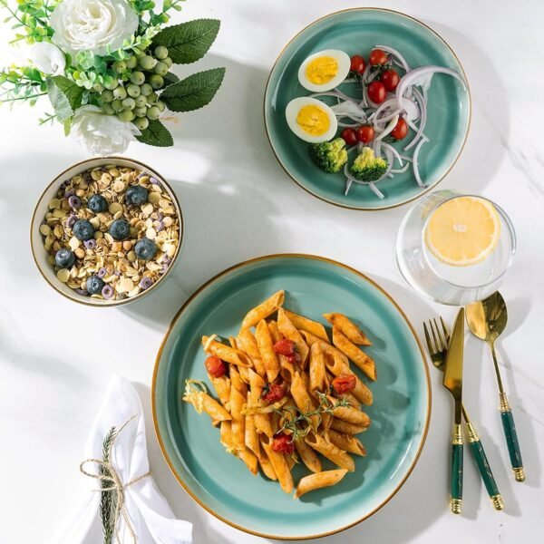 Ceramic Dinnerware Sets, 12 Pieces Sapphire Blue Stoneware Dinnerware Set, Plates and Bowls Sets, Dishwasher & Microwave Safe | Service for 4