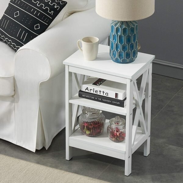 Nightstand Sofa Side Table with 3-Tier Storage Shelf for Living Room, Bedroom, Stable Steel Frame, Easy Assembly, End, White