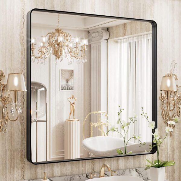 22x30 Inch Bronze Bathroom Mirror for Vanity, Brushed Bronze Metal Frame Mirror for Wall, Rounded Rectangle Bronze Frame Mirror with Tempered Glass, Anti-Rust (Horizontal/Vertical)