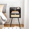 Nightstand with Charging Station, Side Table with Rattan-Like Decor Drawer, Rattan End Table with Open Storage, Bedside Table for Bedroom, Study Room, Black BB92UBZ01