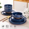 Stoneware Dinnerware Sets for 4, 12 Pieces Handpainted Plates and Bowls Set with Wavy Rim, Chip and Scratch Resistant Dishes set, Dishwasher & Microwave Safe, Royal Blue