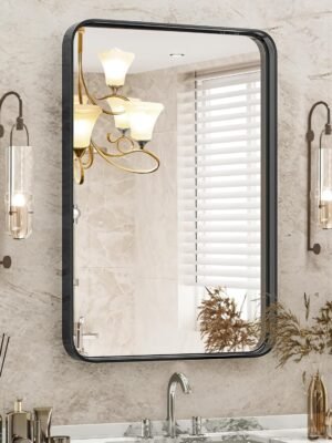 Black Metal Framed Vanity Rounded Rectangle Bathroom Mirrors for Over Sink Wall, 30x22 Inch Matte Large Mirror, Modern Decorative for Restroom, Farmhouse, Horizontally or Vertically Hanging