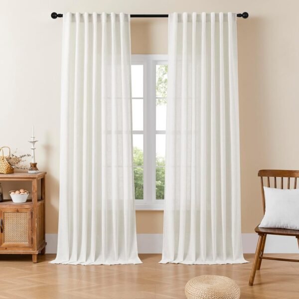 Linen Curtains for Living Room,Semi-Sheer Curtains 90 Inches Long,Living Room Curtains 2 Panel Sets,White Curtains Pinch Pleated Curtains & Drapes(W52 x L90 Inch, Off-White)