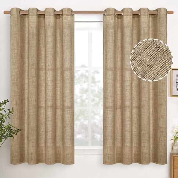 Natural Linen Curtains 63 Inch Length 2 Panels Bronze Grommet Linen Textured Short Window Drapes Light Filtering for Living Room Bedroom, 52 X 63 Inch