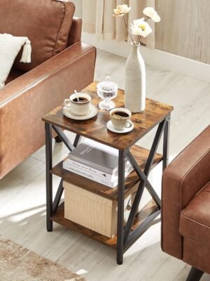 Three-Tier Nightstand with Storage, S-Shaped Steel Frame Coffee Table, Suitable for Living Room and Bedroom, 15.7 x 15.7 x 23.6 inches, Farmhouse Style, Rustic Brown and Black